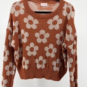 Pink Lily Floral Knit Sweater - Rust and Cream Size Small